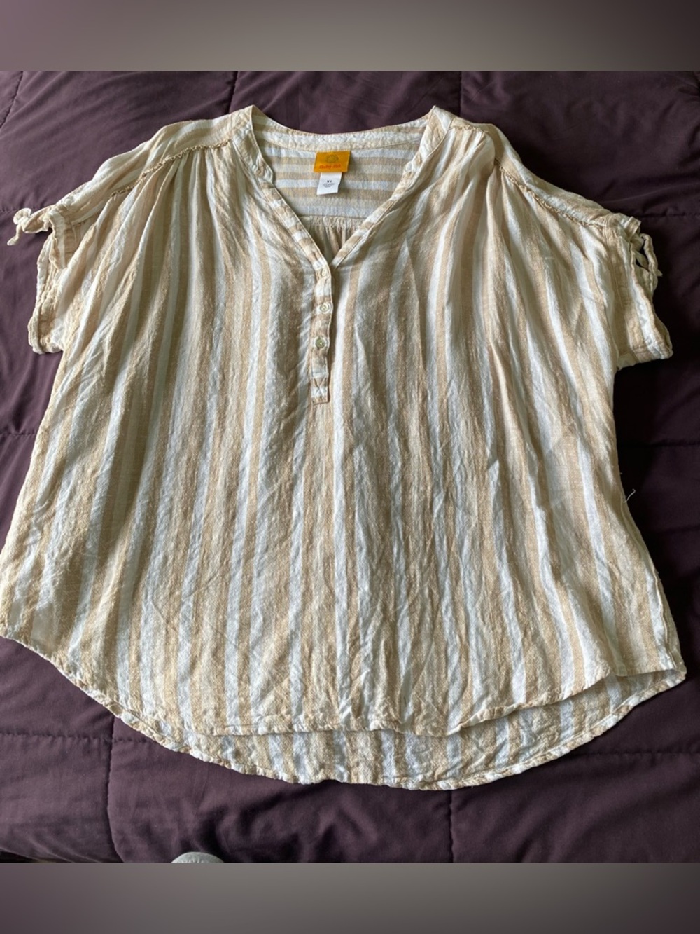 Ruby Rd. Cream and White Striped Button-Neck Tunic
